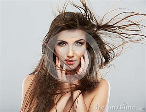 Woman Face With Hair Motion On White Background Isolated Stock Image