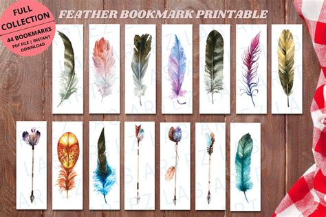 Printable Feather Bookmarks Set Of 44 Watercolor Feather Etsy