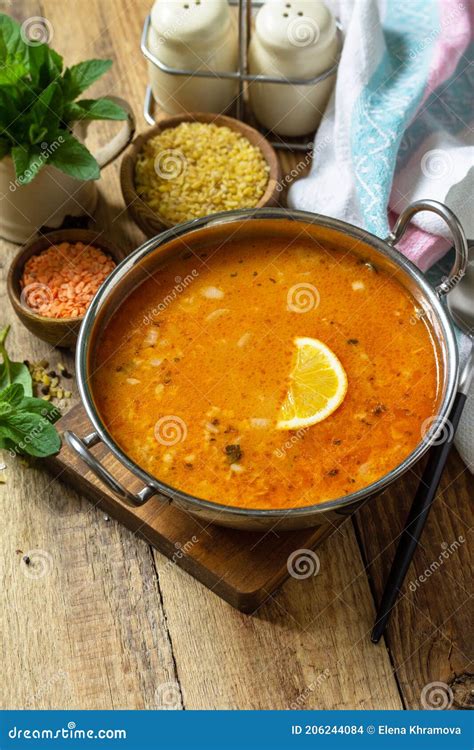 Turkish Cuisine Traditional Soup With Rice Lentils And Mint On A