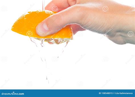Hand Squeeze Orange Slice Stock Image Image Of Closeup 158548015