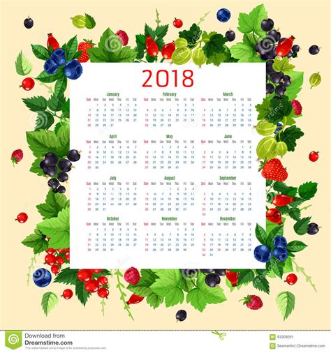 Vector Calendar 2018 Of Fresh Berries And Fruits Stock Vector