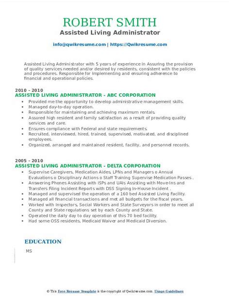 Assisted Living Administrator Resume Samples Qwikresume