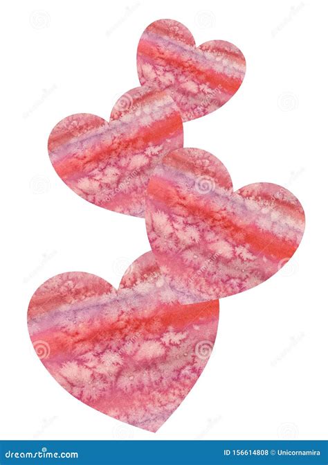 Four Abstract Watercolor Red Pink Hearts Connected Together Isolated