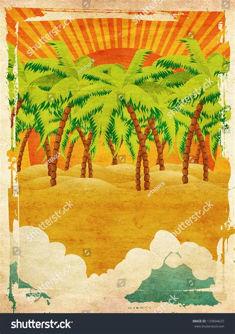 Vintage Background With Cartoon Tropical Island With Palm