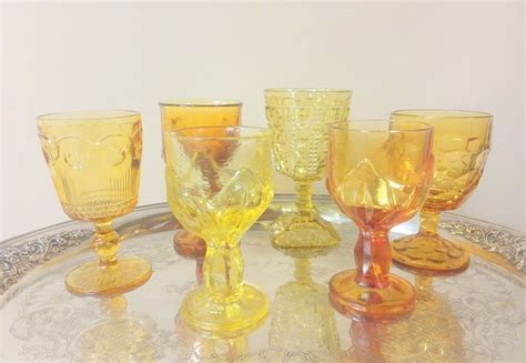 6 Mismatched Amber Glass Goblets Water Glasses Gold Retro Etsy Amber Glass Patterned