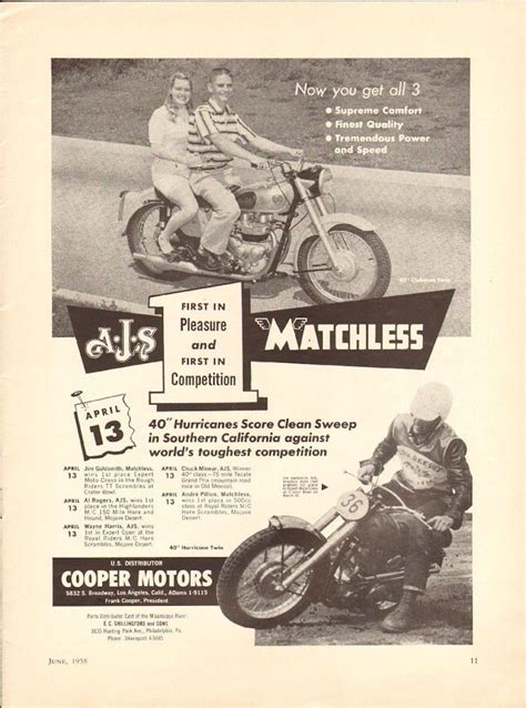 In 1938, matchless and ajs became part of associated motorcycles (amc), both companies producing models. 1958 AJS Matchless 11 x 14 Matted Vintage Motorcycle Print ...