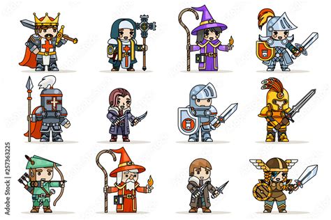 Lineart Fantasy Set Rpg Game Heroes Character Vector Icons Flat Design