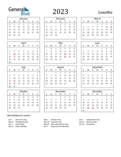 2023 Lesotho Calendar With Holidays