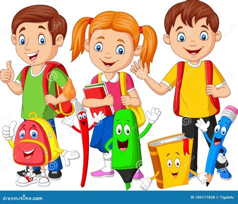 Cartoon Happy School Children With School Supplies Stock Vector