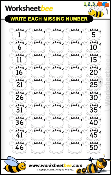 This missing numbers worksheet also includes an answer sheet for rapid marking, saving you lots of time when dealing with the subject of missing use this worksheet to explore addition within 50 and revisit core skills and methods such as using a number line and using the inverse function. Printable Worksheet for Kids About Write Each Missing Number 1 50 - Worksheet Bee