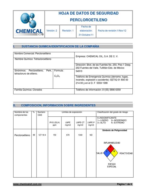 Hoja De Seguridad Percloroetileno Pdf Aluminio Agua