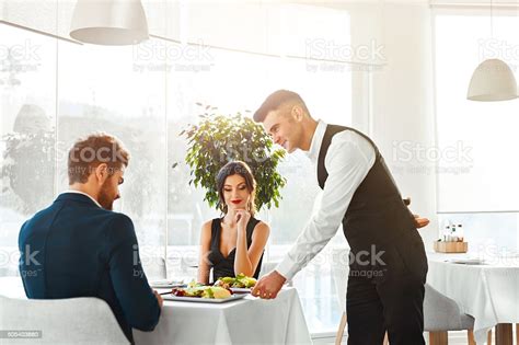 Love Couple Having Romantic Dinner In Restaurant Healthy Food Eating