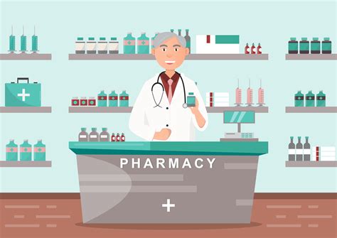 Pharmacy With Doctor In Counter Drugstore Cartoon Character Design