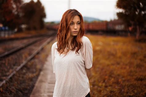 Women Redhead Hazel Eyes Railway Fall Model Long Hair T Shirt Pierced Nose Women Outdoors Trees