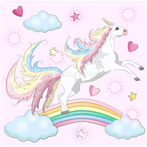 Magic Cute Unicorn Walking On The Rainbow Doodle Nursery Art Stock