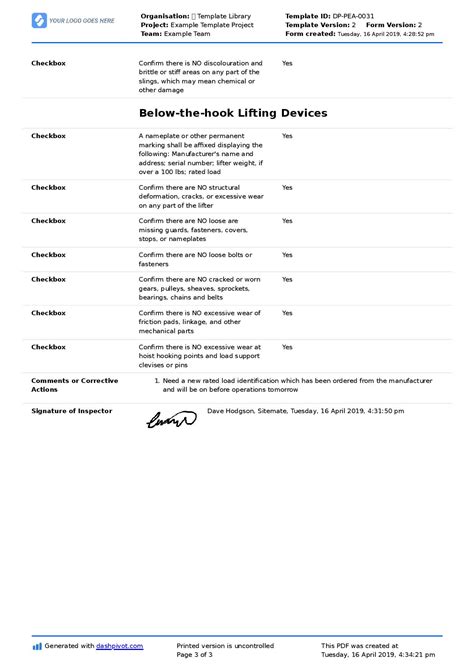 Daily Rigging Inspection Checklist