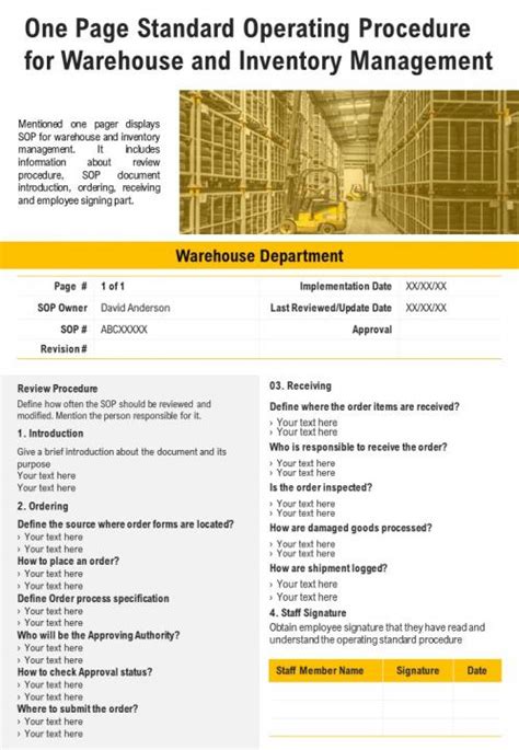 One Page Standard Operating Procedure For Warehouse And Inventory