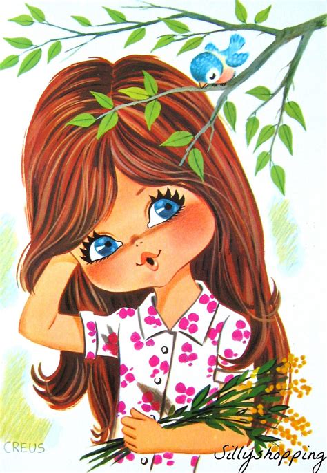 Vintage Big Eyed Girl Postcard Big Eyes Art Girl Cartoon Cute Drawings