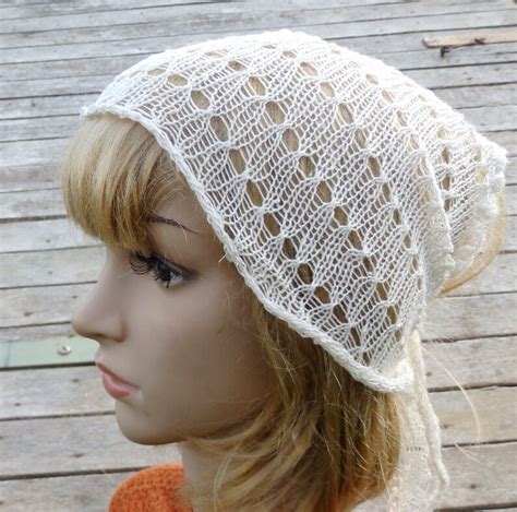 Knitted Linen Head Scarf Knit White Kerchief Knitting Lace Etsy