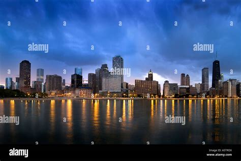 Chicago City Skyline Buildings Twilight Night During Storm Usa Stock