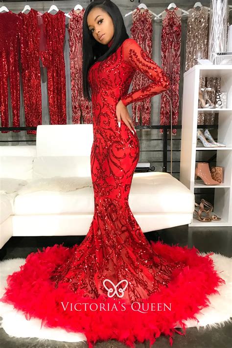Luxury Red Sequin And Ostrich Feather High Neck Prom Gown Vq