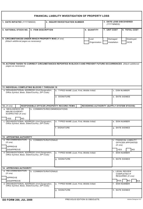 Dd Form 200 Download Fillable Pdf Financial Liability Investigation Of