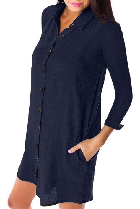 Navy Blue Solid Crepe Button Collar Long Sleeve Regular Down Above Knee Mini Dress Shirt Autumn