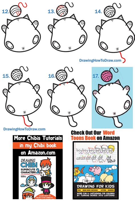 how to draw a cute kawaii fat kitty cat playing with yarn on back easy steps tutorial how to