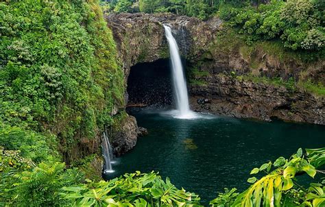 Greens Rock Tropics Stones Waterfall Hawaii Hilo Wailuku River