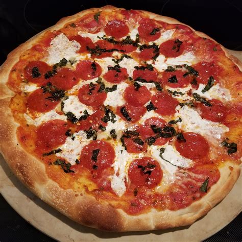 [homemade] Pizza With Fresh Mozzarella Pepperoni And Basil Food