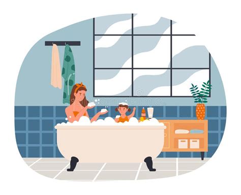 Madre Se Está Bañando Con Su Hija En Casa Ilustración Del Vector