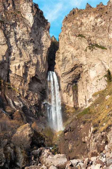 Scenic Autumn Landscape With Vertical Big Sultan Waterfall At Mountain