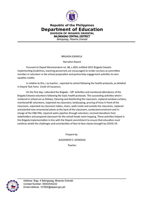 Brigada Narrative Report 2022 Republic Of The Philippines Department