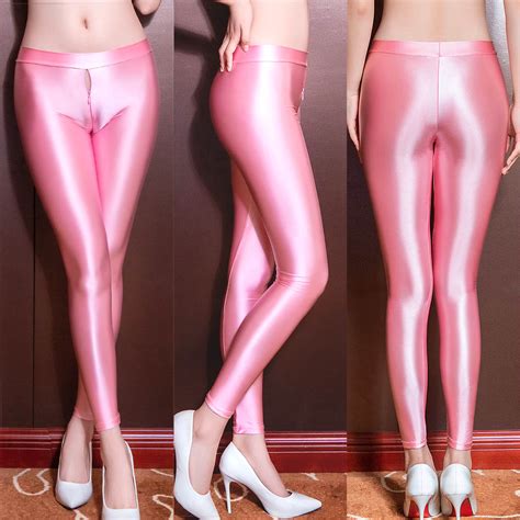 Womens Sexy Shiny Glossy Leggings Skinny Zipper Open Crotch Trousers