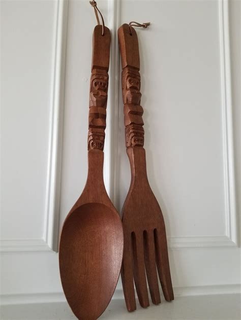 vintage extra large wood fork and spoon 22 inches wall decor retro 70 s era kitchen wall hanging