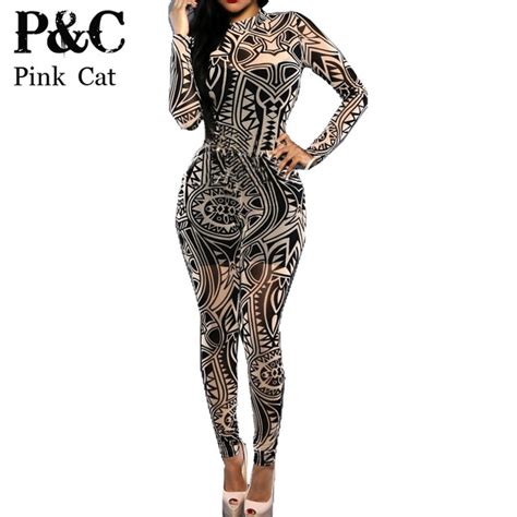 Women Tribal Tattoo Printing Jumpsuit Women Sexy Bodysuit Celebrity