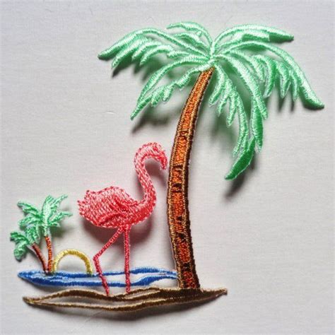 Flamingo With Palm Tree Iron On Patch Applique Örgü Ilmekleri Aplike