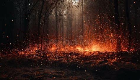 Burning Campfire Illuminates Dark Forest At Night Generated By Ai Stock