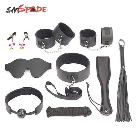 Smspade Black 9pcsset Blindfoldmouth Gagcollarhandcuffs And Ankle Cuffswhippaddlenipples