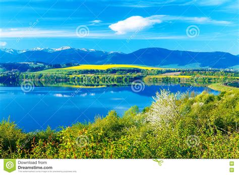 Beautiful Landscape Green And Yellow Meadow And Lake With Mountain In