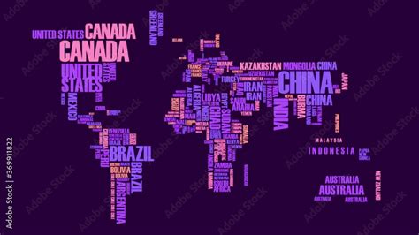 Purple World Map With Names Of Countries Written According To Size Of