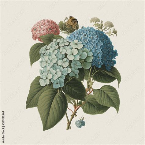 Colorful Hydrangea Flowers As In Vintage Botanical Illustration