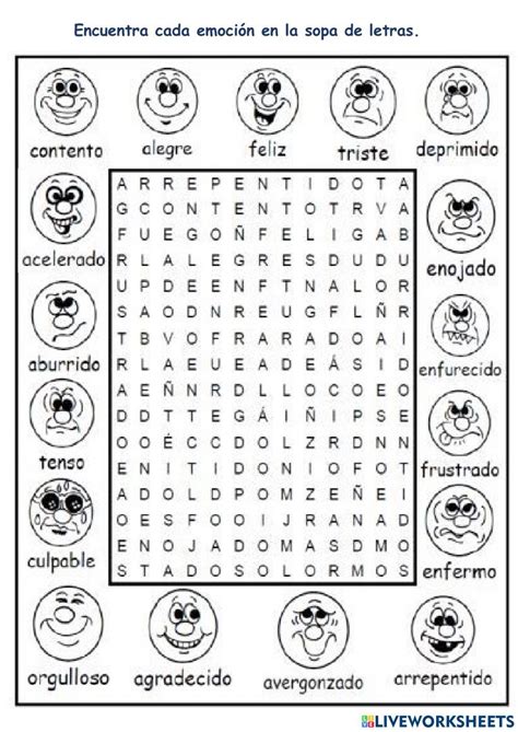 A Spanish Word Search With Smiley Faces And Words To Help Babes Understand What They Are Doing