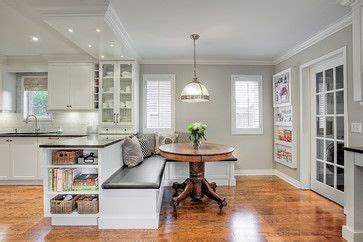 Where to find fabulous corner banquette seating right now? Peninsula/ bench seating Transitional White Kitchen ...