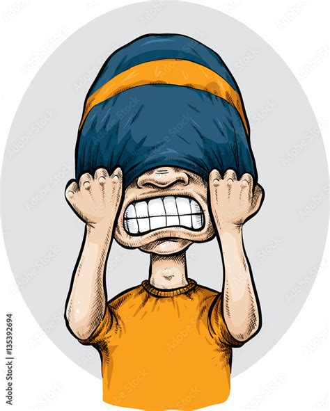 A Frustrated Cartoon Man Pulls His Toque Down Over His Face In Anger
