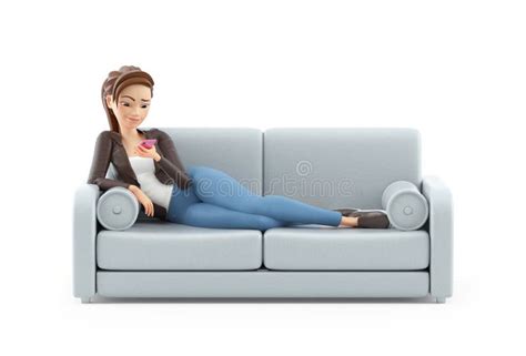 femme de dessin 3d allongée sur un canapé et regardant le smartphone illustration stock