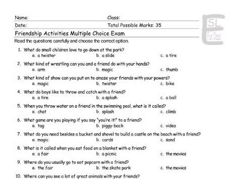 Friendship Activities Multiple Choice Exam Teaching Resources