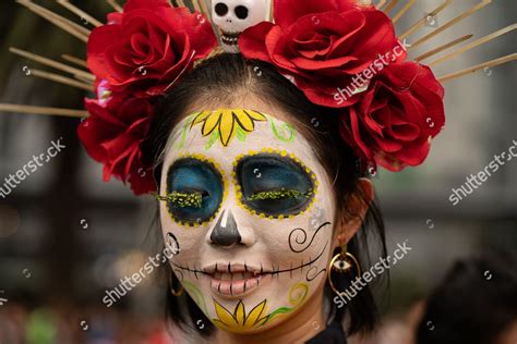 Woman Brightly Colored Catrina Face Paint Poses Editorial Stock Photo