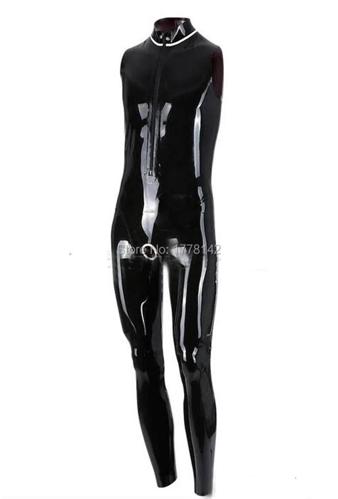 latex catsuit men sleeveless rubber unitard with trim and ring crotch hole buy at the price of