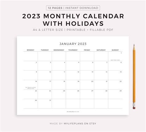 2023 Monthly Calendar With Holidays Printable Calendar Etsy Ireland